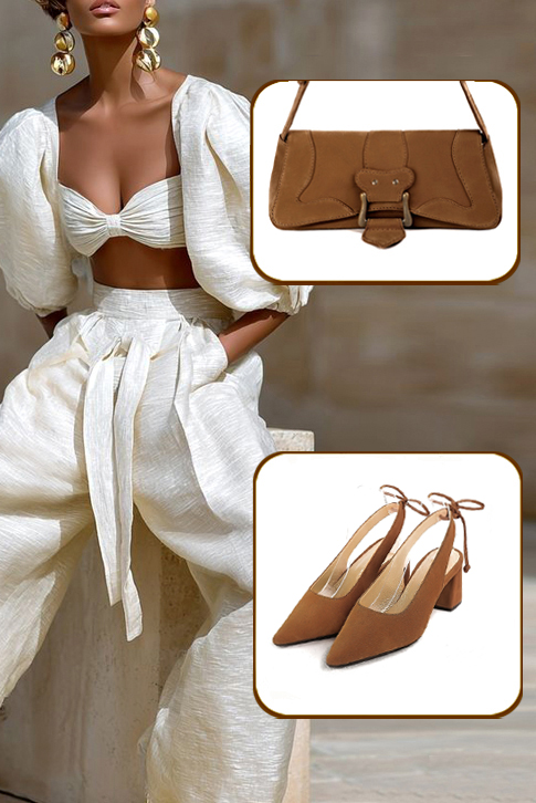 Dress slingback heels in caramel brown leather with medium flare heels and pointed toe - Worn view